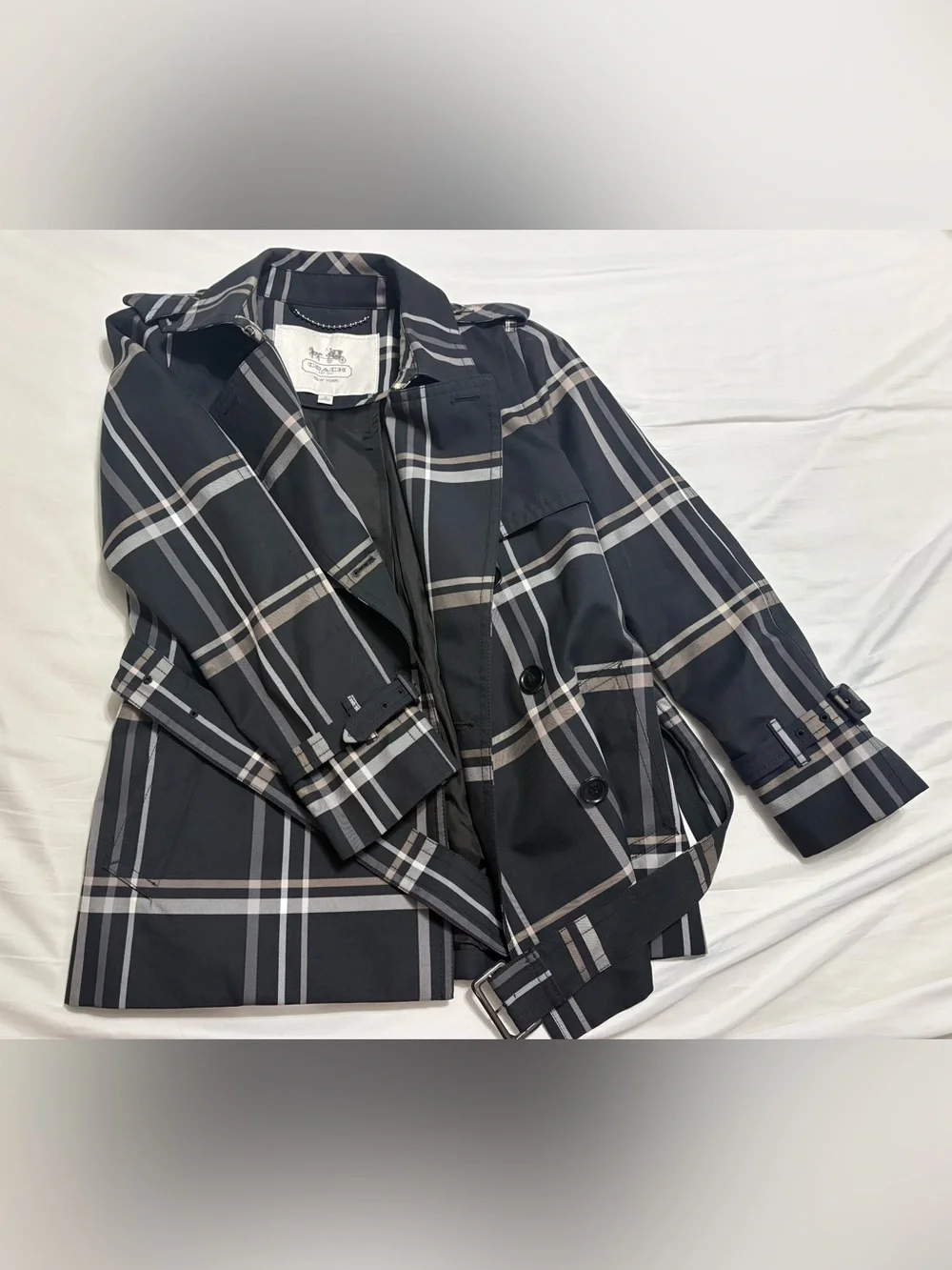 Coach trench coat tattersall plaid wind rain jacket, Medium